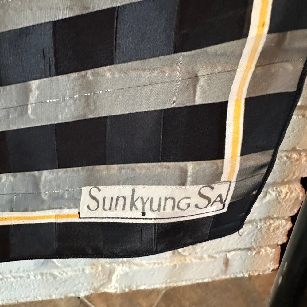 Sunkyung SA Scarf Orange Black Grey Striped Bird Floral Silk Blend 31" Square - Picture 3 of 4